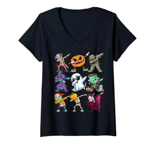 Damen Dab Kürbis Skelett Geist Alien Zombie Halloween Jungen Kinder T-Shirt mit V-Ausschnitt von Halloween Shirts For Kids Boys Girls Youth Teen