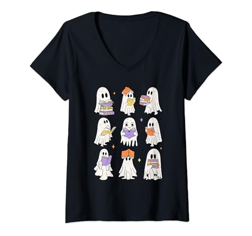 Damen Geister lesen Bücher Geisterhaftes Bibliothekarbuch Liebe Halloween T-Shirt mit V-Ausschnitt Damen Geister lesen Bücher Geisterhaftes Bibliothekarbuch Liebe Halloween T-Shirt mit V-Ausschnitt von Halloween Shirts NYC