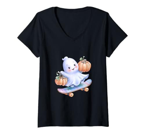 Damen Skater Ghost Funny Halloween Cool Art Skateboarding T-Shirt mit V-Ausschnitt Damen Skater Ghost Funny Halloween Cool Art Skateboarding T-Shirt mit V-Ausschnitt von Halloween Skakeboarding