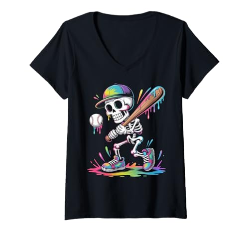Damen Funny Halloween Drip Baseball Player T-Shirt mit V-Ausschnitt Damen Funny Halloween Drip Baseball Player T-Shirt mit V-Ausschnitt von Halloween Skeleton Baseball Player Dripping