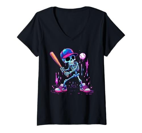 Damen Men Women Kids Funny Halloween Drip Baseball Lovers T-Shirt mit V-Ausschnitt Damen Men Women Kids Funny Halloween Drip Baseball Lovers T-Shirt mit V-Ausschnitt von Halloween Skeleton Baseball Player Dripping