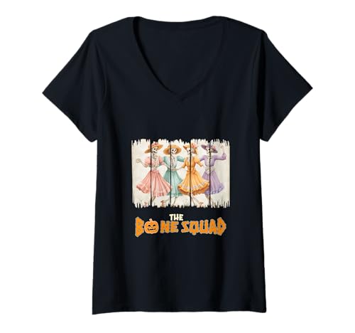 Damen Halloween Dancing Skeleton Witch Funny Costume Bone Squad T-Shirt mit V-Ausschnitt Damen Halloween Dancing Skeleton Witch Funny Costume Bone Squad T-Shirt mit V-Ausschnitt von Halloween Skeleton Bone Squad