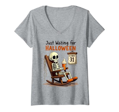 Damen Just Waiting for Halloween Skeleton Drink T-Shirt mit V-Ausschnitt Damen Just Waiting for Halloween Skeleton Drink T-Shirt mit V-Ausschnitt von Halloween Skeleton Coffee Club