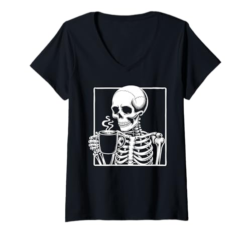 Damen Skelett trinkender Kaffeeliebhaber lustiger Halloween-Totenkopf T-Shirt mit V-Ausschnitt Damen Skelett trinkender Kaffeeliebhaber lustiger Halloween-Totenkopf T-Shirt mit V-Ausschnitt von Halloween Skeleton Coffee Lover Gifts Shirts