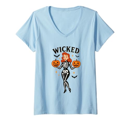 Damen Wicked Skelett Kürbis Halloween Fledermäuse T-Shirt mit V-Ausschnitt Damen Wicked Skelett Kürbis Halloween Fledermäuse T-Shirt mit V-Ausschnitt von Halloween Skeleton Costume Fun Spooky Autumn