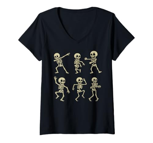 Damen Cooles, lustiges tanzendes Skelett für Halloween, Süßes oder Saures T-Shirt mit V-Ausschnitt Damen Cooles, lustiges tanzendes Skelett für Halloween, Süßes oder Saures T-Shirt mit V-Ausschnitt von Halloween Skeleton Dance Party Funny Skeleton