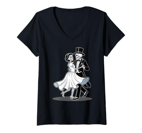 Damen Dia De Los Muertos Tanzendes Skelett Paar Halloween T-Shirt mit V-Ausschnitt Damen Dia De Los Muertos Tanzendes Skelett Paar Halloween T-Shirt mit V-Ausschnitt von Halloween Skeleton Dance Party Funny Skeleton