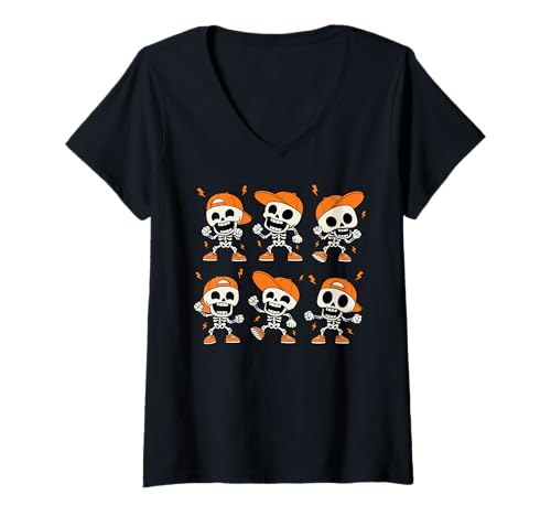 Damen Kinder tanzendes Skelett Halloween Trick and Treat T-Shirt mit V-Ausschnitt von Halloween Skeleton Dance Party Funny Skeleton