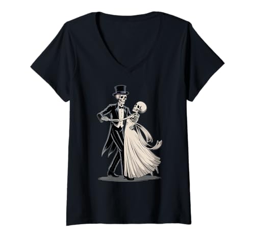 Damen Tanzende Liebhaber Skelett Liebe Halloween Paar Matching T-Shirt mit V-Ausschnitt Damen Tanzende Liebhaber Skelett Liebe Halloween Paar Matching T-Shirt mit V-Ausschnitt von Halloween Skeleton Dance Party Funny Skeleton