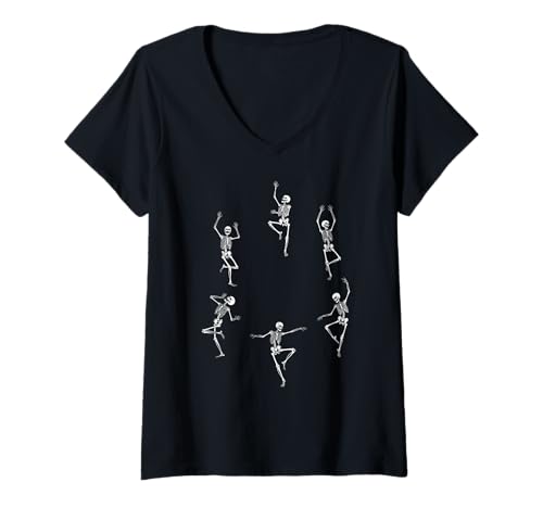 Damen Tanzende Skelett-Tanz-Herausforderung Lustiger Halloween-Tanz T-Shirt mit V-Ausschnitt Damen Tanzende Skelett-Tanz-Herausforderung Lustiger Halloween-Tanz T-Shirt mit V-Ausschnitt von Halloween Skeleton Dance Party Funny Skeleton
