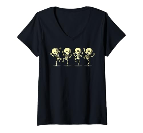 Damen Tanzendes Skelett Halloween Dia De Los Muertos T-Shirt mit V-Ausschnitt Damen Tanzendes Skelett Halloween Dia De Los Muertos T-Shirt mit V-Ausschnitt von Halloween Skeleton Dance Party Funny Skeleton
