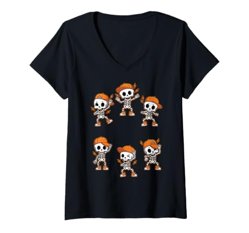 Damen Tanzendes Skelett Kinder Halloween Niedlich Kawaii Lustig T-Shirt mit V-Ausschnitt Damen Tanzendes Skelett Kinder Halloween Niedlich Kawaii Lustig T-Shirt mit V-Ausschnitt von Halloween Skeleton Dance Party Funny Skeleton