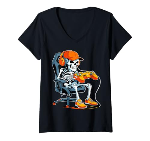 Damen Halloween Skelett Gamer Video Gaming Jungen Herren Kinder Tees T-Shirt mit V-Ausschnitt Damen Halloween Skelett Gamer Video Gaming Jungen Herren Kinder Tees T-Shirt mit V-Ausschnitt von Halloween Skeleton Gamer Tees for Kids and Men