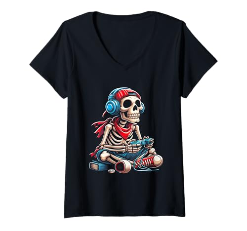 Damen Halloween Skelett Gamer Video Gaming Gamer E-Sport Player T-Shirt mit V-Ausschnitt Damen Halloween Skelett Gamer Video Gaming Gamer E-Sport Player T-Shirt mit V-Ausschnitt von Halloween Skeleton Gamer Video Gaming Gamer