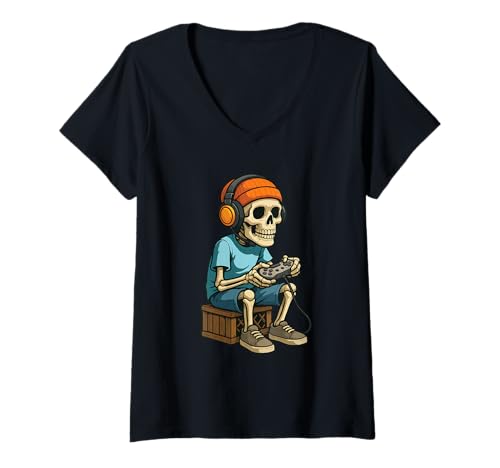 Damen Halloween Skelett Gamer Videospiele für Jungen Herren Kinder T-Shirt mit V-Ausschnitt Damen Halloween Skelett Gamer Videospiele für Jungen Herren Kinder T-Shirt mit V-Ausschnitt von Halloween Skeleton Gamer Video Gaming Tee Shirts