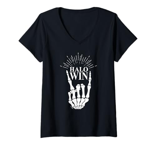 Damen Punk Rock Skelett Handhorn Halo Gruselig Halloween T-Shirt mit V-Ausschnitt Damen Punk Rock Skelett Handhorn Halo Gruselig Halloween T-Shirt mit V-Ausschnitt von Halloween Skeleton Hand Scary shirts