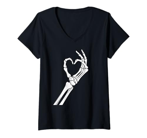 Damen Skelett Herz Hände Halloween T-Shirt mit V-Ausschnitt Damen Skelett Herz Hände Halloween T-Shirt mit V-Ausschnitt von Halloween Skeleton Heart Hand
