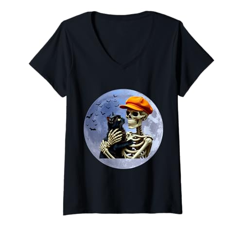 Damen Halloween-Skelett, das eine Katze unter dem Vollmond hält T-Shirt mit V-Ausschnitt Damen Halloween-Skelett, das eine Katze unter dem Vollmond hält T-Shirt mit V-Ausschnitt von Halloween Skeleton Holding A Cat Vibes