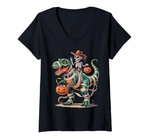 Damen Lustiges Cowboy-Skelett Reiten Mama Dinosaurier T Rex Halloween T-Shirt mit V-Ausschnitt Damen Lustiges Cowboy-Skelett Reiten Mama Dinosaurier T Rex Halloween T-Shirt mit V-Ausschnitt von Halloween Skeleton Mummy Dinosaur Graphic