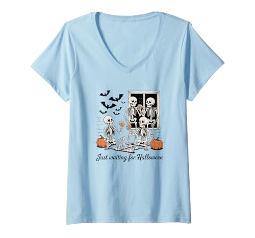 Damen Just Waiting for Halloween Skelett Party T-Shirt mit V-Ausschnitt Damen Just Waiting for Halloween Skelett Party T-Shirt mit V-Ausschnitt von Halloween Skeleton Party Fun Just Waiting