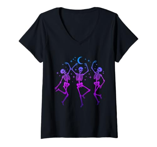 Damen Tanzende Skelette in der Mondnacht, Halloween, gruseliger T-Shirt mit V-Ausschnitt Damen Tanzende Skelette in der Mondnacht, Halloween, gruseliger T-Shirt mit V-Ausschnitt von Halloween Skeleton Party