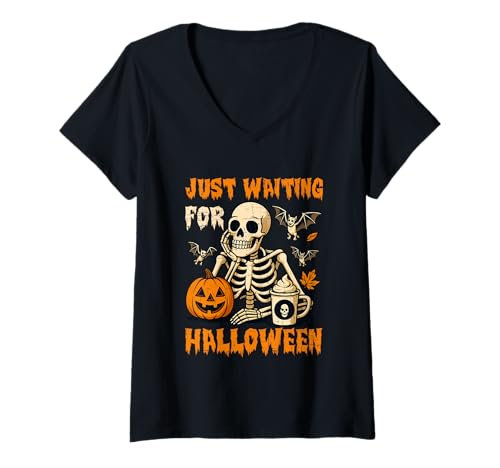 Damen Just Waiting for Halloween Skelett Kürbis T-Shirt mit V-Ausschnitt Damen Just Waiting for Halloween Skelett Kürbis T-Shirt mit V-Ausschnitt von Halloween Skeleton Pumpkin Coffee Lovers