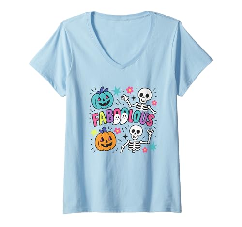 Damen Fabelhafte Halloween-Skelett-Kürbis-Geister T-Shirt mit V-Ausschnitt Damen Fabelhafte Halloween-Skelett-Kürbis-Geister T-Shirt mit V-Ausschnitt von Halloween Skeleton Pumpkin Ghost Vibes For Fun