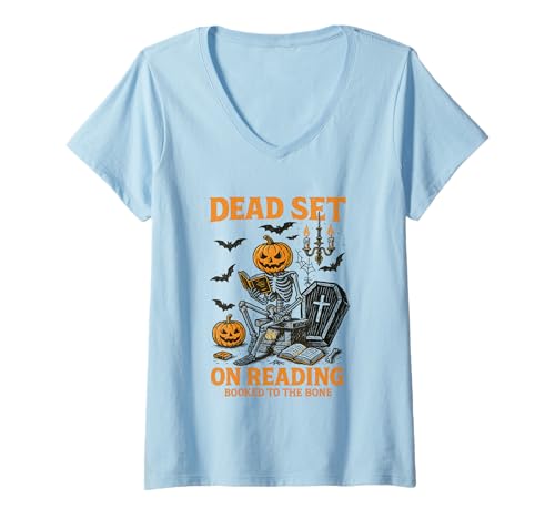Damen Todfest beim Lesen bis auf die Knochen gebucht T-Shirt mit V-Ausschnitt Damen Todfest beim Lesen bis auf die Knochen gebucht T-Shirt mit V-Ausschnitt von Halloween Skeleton Pumpkin Reader Graphic