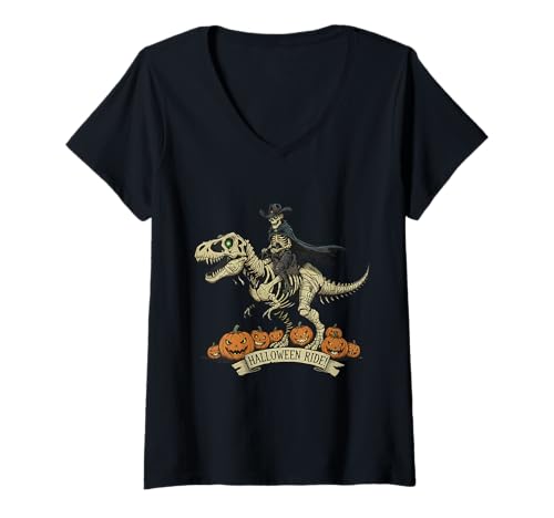 Damen Halloween Skelett reitet einen Dinosaurier Trex T-Shirt mit V-Ausschnitt Damen Halloween Skelett reitet einen Dinosaurier Trex T-Shirt mit V-Ausschnitt von Halloween Skeleton Riding A Dinosaur Trex