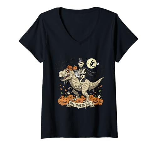Damen Halloween Skelett Reiten Mama Dinosaurier Kürbis T-Shirt mit V-Ausschnitt Damen Halloween Skelett Reiten Mama Dinosaurier Kürbis T-Shirt mit V-Ausschnitt von Halloween Skeleton Riding Mummy Dinosaur