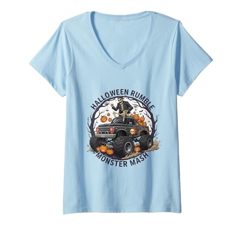 Damen Halloween Skelett reitet einen Monstertruck T-Shirt mit V-Ausschnitt Damen Halloween Skelett reitet einen Monstertruck T-Shirt mit V-Ausschnitt von Halloween Skeleton Riding Mummy Dinosaur