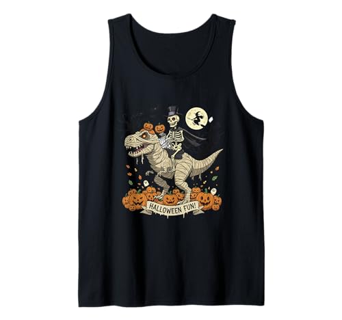 Halloween Skelett Reiten Mama Dinosaurier Kürbis Tank Top von Halloween Skeleton Riding Mummy Dinosaur