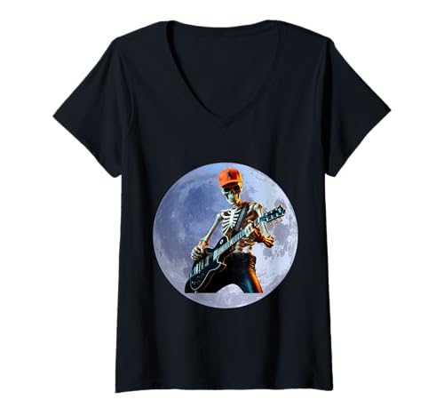 Damen Halloween-Skelett, das unter dem Vollmond schaukelt T-Shirt mit V-Ausschnitt von Halloween Skeleton Rocker Guitar Player Vibes