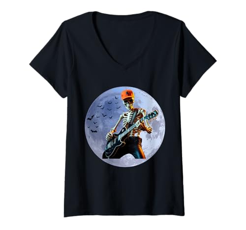 Damen Halloween-Skelett, das unter dem Vollmond schaukelt T-Shirt mit V-Ausschnitt Damen Halloween-Skelett, das unter dem Vollmond schaukelt T-Shirt mit V-Ausschnitt von Halloween Skeleton Rocker Guitar Player Vibes