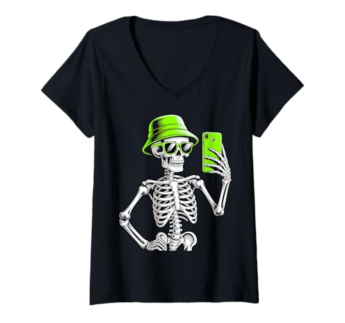 Damen Halloween Skelett Selfie Kostüm T-Shirt mit V-Ausschnitt Damen Halloween Skelett Selfie Kostüm T-Shirt mit V-Ausschnitt von Halloween Skeleton Selfie Costumes Tees