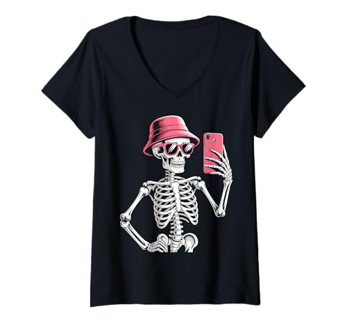 Damen Halloween Skelett Selfie Kostüm T-Shirt mit V-Ausschnitt Damen Halloween Skelett Selfie Kostüm T-Shirt mit V-Ausschnitt von Halloween Skeleton Selfie Tees Costumes