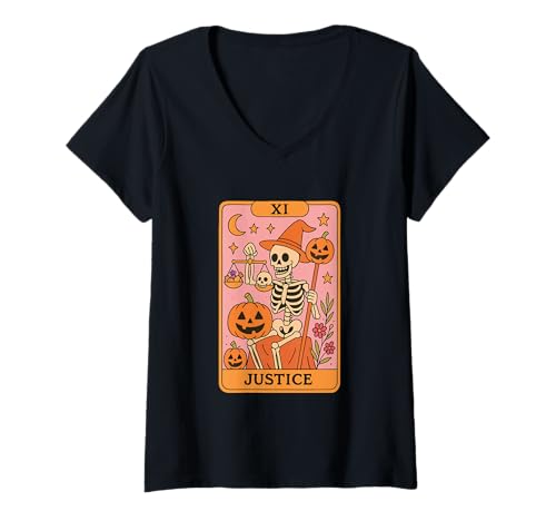 Damen Justice Skelett Halloween Tarotkarte XI T-Shirt mit V-Ausschnitt Damen Justice Skelett Halloween Tarotkarte XI T-Shirt mit V-Ausschnitt von Halloween Skeleton Tarot Card Justice