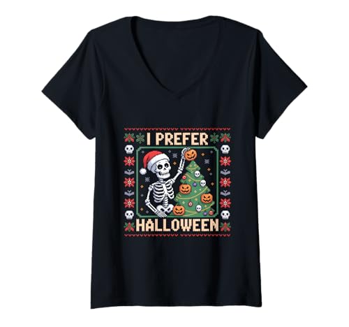 Damen I Prefer Halloween Baum Skelett Weihnachten Damen Herren Kinder T-Shirt mit V-Ausschnitt Damen I Prefer Halloween Baum Skelett Weihnachten Damen Herren Kinder T-Shirt mit V-Ausschnitt von Halloween Skeleton Ugly Christmas Sweater