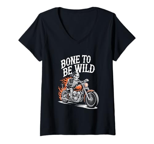 Damen Halloween Skelett Motorrad Bone to Be Wild Biker T-Shirt mit V-Ausschnitt Damen Halloween Skelett Motorrad Bone to Be Wild Biker T-Shirt mit V-Ausschnitt von Halloween Skelett Biker Motorrad Grusel Nacht