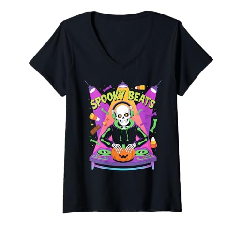 Damen Halloween Spooky Beats Skelett DJ Mit Kürbis Party T-Shirt mit V-Ausschnitt von Halloween Skelett DJ Kürbis Party Musik Nacht
