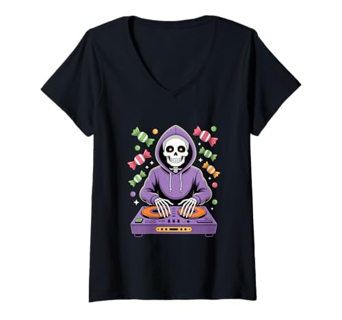 Damen Skelett DJ Halloween Party Musik Bonbons Mischpult T-Shirt mit V-Ausschnitt Damen Skelett DJ Halloween Party Musik Bonbons Mischpult T-Shirt mit V-Ausschnitt von Halloween Skelett DJ Party Musik Bonbons Club Mix