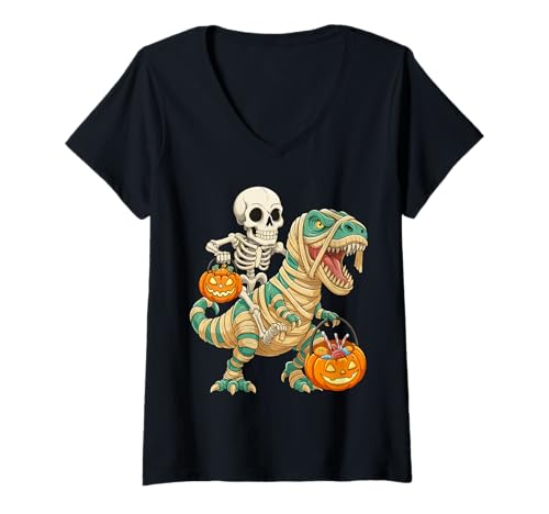 Damen Skelett Reitet Dino Halloween Kürbis Horror T-Shirt mit V-Ausschnitt von Halloween Skelett Dinosaurier Kürbis Horror
