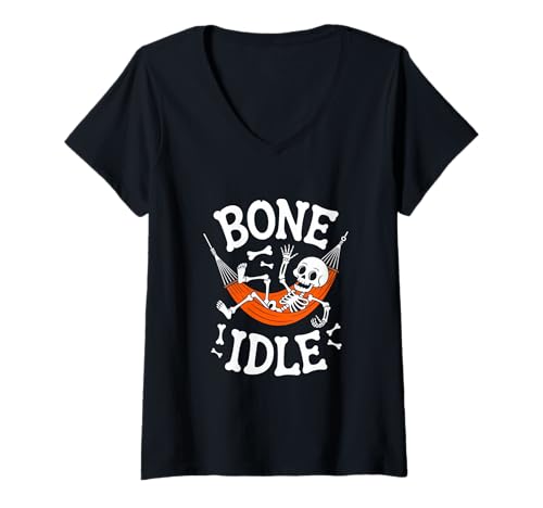 Damen Halloween Skelett Bone Idle In Hängematte Relax T-Shirt mit V-Ausschnitt Damen Halloween Skelett Bone Idle In Hängematte Relax T-Shirt mit V-Ausschnitt von Halloween Skelett Hängematte Knochen Faulheit