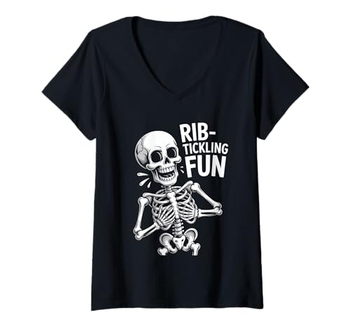 Damen Halloween Skelett Rippenkitzelnder Spaß Gruselwitz T-Shirt mit V-Ausschnitt Damen Halloween Skelett Rippenkitzelnder Spaß Gruselwitz T-Shirt mit V-Ausschnitt von Halloween Skelett Humor Grusel Lachen Spaß Party