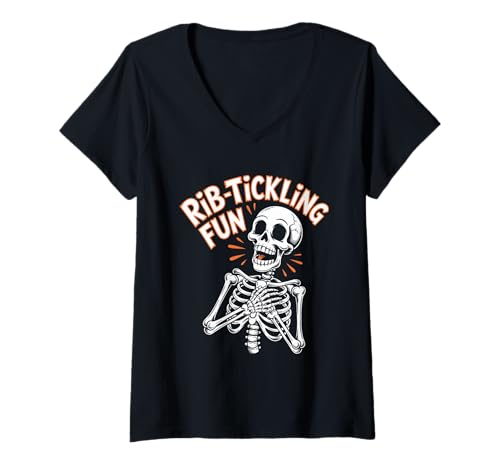 Damen Rib Tickling Fun Skelett Lachen Halloween Spruch T-Shirt mit V-Ausschnitt Damen Rib Tickling Fun Skelett Lachen Halloween Spruch T-Shirt mit V-Ausschnitt von Halloween Skelett Humor Grusel Party Witz Schädel