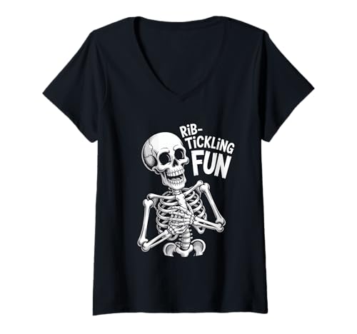 Damen Halloween Skelett Rib Tickling Fun Lustiger Spruch T-Shirt mit V-Ausschnitt Damen Halloween Skelett Rib Tickling Fun Lustiger Spruch T-Shirt mit V-Ausschnitt von Halloween Skelett Humor Lustige Sprueche