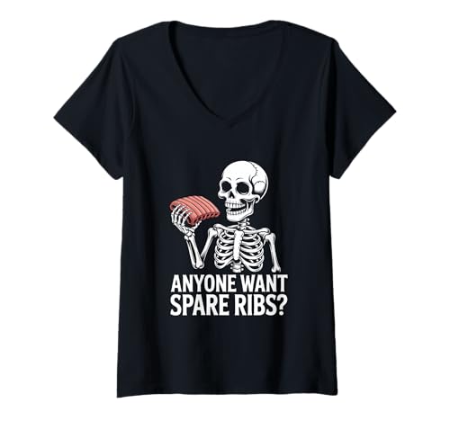 Damen Skelett Anyone Want Spare Ribs Halloween T-Shirt mit V-Ausschnitt Damen Skelett Anyone Want Spare Ribs Halloween T-Shirt mit V-Ausschnitt von Halloween Skelett Humor Spare Ribs Spruch