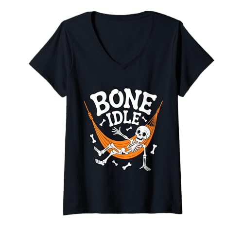 Damen Halloween Skelett Bone Idle Faul In Hängematte T-Shirt mit V-Ausschnitt Damen Halloween Skelett Bone Idle Faul In Hängematte T-Shirt mit V-Ausschnitt von Halloween Skelett Humor Spruch Faul Chill