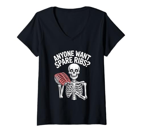 Damen Halloween Skelett Anyone Want Spare Ribs Lustiger Spruch T-Shirt mit V-Ausschnitt Damen Halloween Skelett Anyone Want Spare Ribs Lustiger Spruch T-Shirt mit V-Ausschnitt von Halloween Skelett Knochen Spruch Party Humor