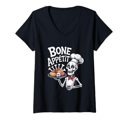 Damen Kuerbis Nacht Halloween Bone Appetit Skelett Koch T-Shirt mit V-Ausschnitt Damen Kuerbis Nacht Halloween Bone Appetit Skelett Koch T-Shirt mit V-Ausschnitt von Halloween Skelett Koch Knochen Humor Spuk Kueche